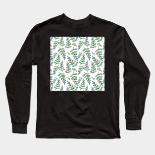 Blue and green leaves pattern on white Long Sleeve T-Shirt